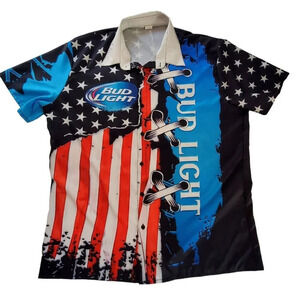 Bud Light American Flag Jersey Button Up Shirt Short Sleeve Patriotic  Size XXL